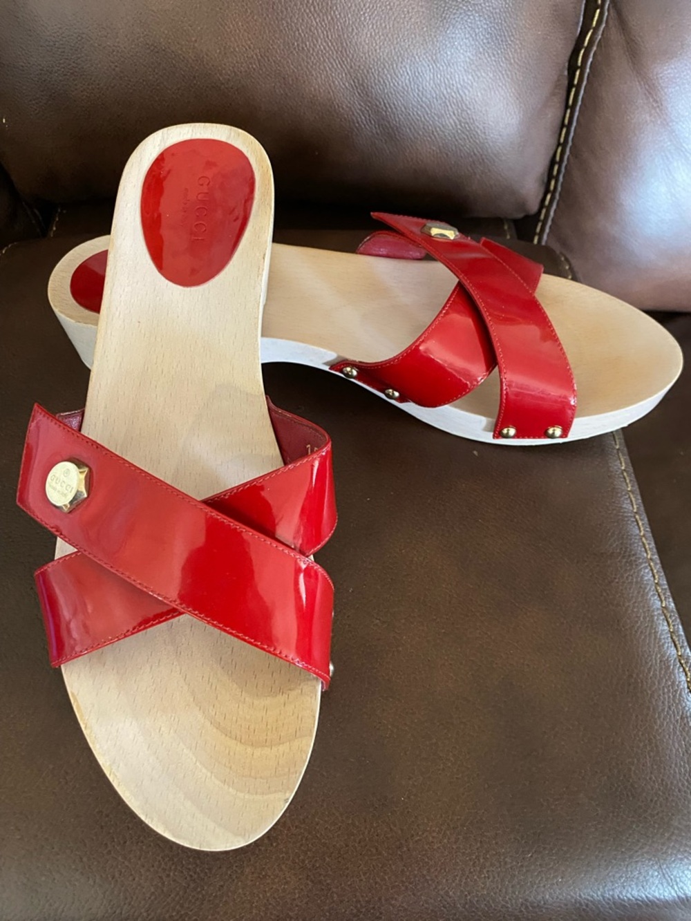 Gucci Red Patent Wood-Effect Slide Sandals - Women’s Size 8